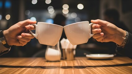 A heartwarming close-up of two individuals clinking their white coffee mugs together in a warmly lit cafe, symbolizing friendship, connection, and shared joyful moments over a hot beverage