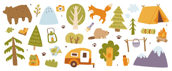 Forest camping set. Cute woodland camp collection. Forest adventure bundle.
