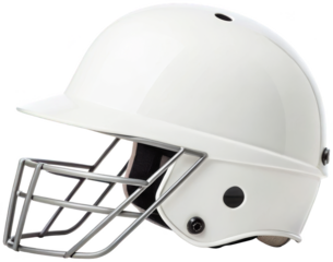 Sleek, modern white American football helmet constructed from durable hard plastic with a silver metal face mask and padded interior, presented in a slightly, isolated on transparent background.