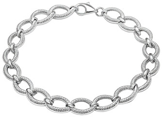 Intricate, textured silver bracelet featuring large oval links with a hammered finish, gracefully curves in a circular arrangement, illuminated by soft studio, isolated on transparent background.