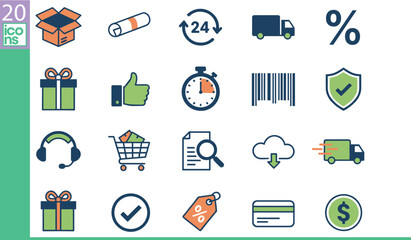 Ecommerce icons collection for delivery, logistics, shopping, customer support, discount, barcode, payment, fast shipping, retail, secure transaction, online service, vector illustration © MostMonira