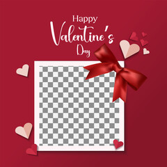 Happy Valentine&rsquo;s Day Greeting Card with Romantic Photo Frame, Red Ribbon Bow, Heart Decorations and Transparent Placeholder Background for Love Celebration Design