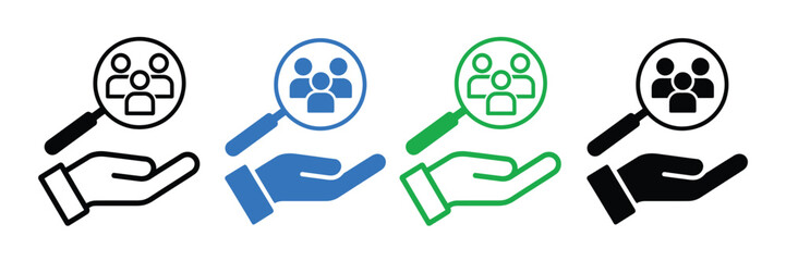 Diverse hands holding magnifying glasses with people icons for business concepts © VectorGrid