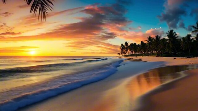 Vibrant sunset over a tranquil beach with gentle waves lapping against the shore, palm trees silhouetted against the colorful sky, creating a serene coastal scene