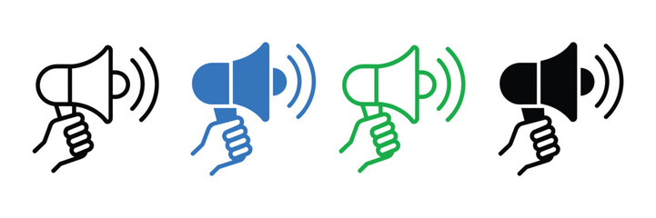 Four colorful megaphone icons for communication and announcement needs