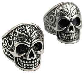 Highly detailed and intricately carved silver skull rings, featuring ornate floral and geometric patterns across the bone structure, are presented in a close-up, isolated on transparent background.