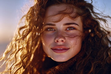 Close-up of a woman with curly hair enjoying sunlight in an outdoor setting during the late afternoon