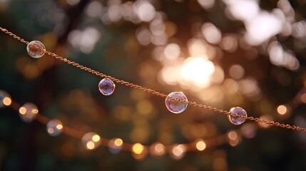 Delicate iridescent bubbles float along a decorative string illuminated by warm golden hour sunlight creating a magical bokeh effect