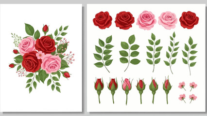 Obraz premium Floral Arrangement and Valentine Element Vector – Red and Pink Roses, Leaves, Buds, Small Flowers for Botanical Design, Crafting, Wedding, and Artistic Decoration