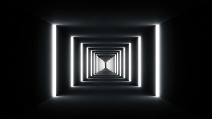 Infinite dark tunnel of light rectangles creating an abstract digital virtual reality perspective motion background illusion