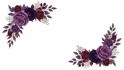 Floral Corner Frame Vector – Purple, Lavender, Deep Red Roses with Gray Leaves for Elegant Invitations, Greeting Cards, Borders, and Botanical Design Themes