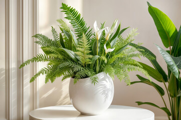 Green plants in white pot near window with sunlight and shadows in a room