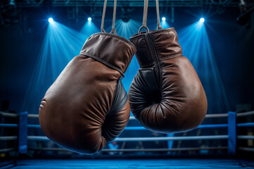 Boxing gloves hang above a boxing ring with bright lights in a sports arena during a match night event