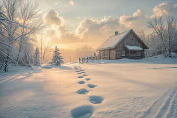 Winter snow landscape with a wooden cabin and foot tracks in the snow at sunset