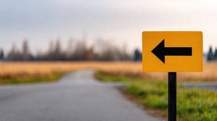 Roadside arrow sign pointing left near empty country road. Minimal traffic signage in open landscape, navigation symbol, travel route concept, transportation and orientation