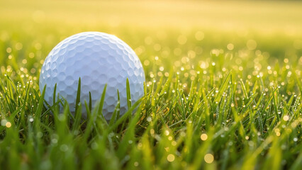 Golf ball resting on vibrant green grass blades covered with morning dew drops under bright sunlight
