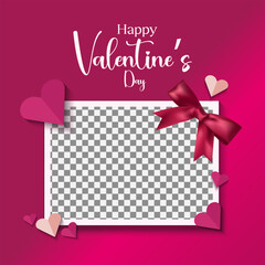 Happy Valentine&rsquo;s Day Greeting Card with Romantic Photo Frame, Red Ribbon Bow, Heart Decorations and Transparent Placeholder Background for Love Celebration Design