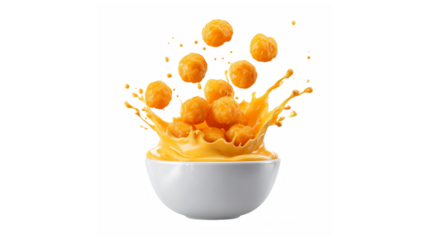 A dynamic splash of cheesy goodness as cheese balls erupt from a white bowl