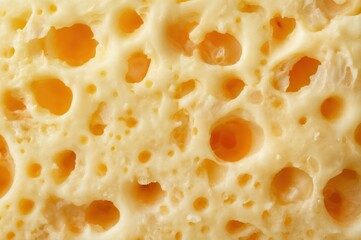 Close view of cheese showing holes and texture of dairy product in kitchen setting during daylight hours