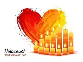 Holocaust remembrance day candles and heart on white background symbolizing hope