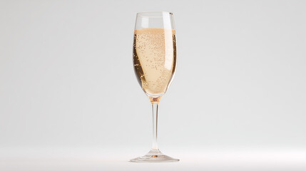 Elegant champagne glass with sparkling wine on a light neutral background in a minimalist studio style.