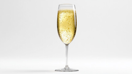 Elegant champagne glass with sparkling wine on a light neutral background in a minimalist studio style.