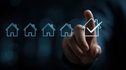 Choosing the right home from a selection of digital house icons on a dark background