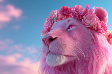 Surreal pink lion wearing a floral crown against a dreamy pastel sky.