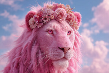 Surreal pink lion wearing a floral crown against a dreamy pastel sky.