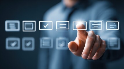 Businessman's finger selecting an option from a digital interface with multiple choices