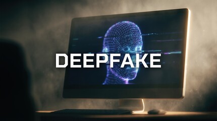 Digital representation of a deepfake concept displayed on a modern computer screen, showcasing a virtual human head with glitch effects and vibrant colors in a dark environment