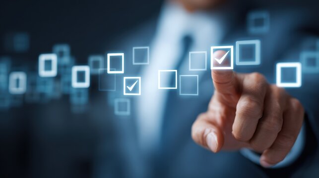 Businessman's finger selecting a checked box on a futuristic digital interface - Powered by Adobe