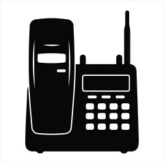Black and white illustration of a vintage walkie talkie and phone