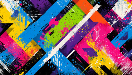 Vibrant abstract composition with colorful diagonal shapes, textures, and paint splashes.