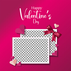 Happy Valentine&rsquo;s Day Greeting Card with Romantic Photo Frame, Red Ribbon Bow, Heart Decorations and Transparent Placeholder Background for Love Celebration Design
