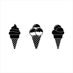 A collection of black and white ice cream cone illustrations on a white background