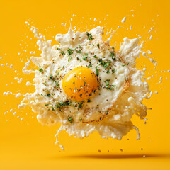 Fried egg splashing with cream, herbs, and crispy croutons.
