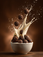 Milk splashes dramatically as cereal and chocolate pieces fall into a bowl on a brown background.