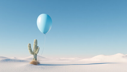 Minimal desert landscape with a cactus holding a blue balloon under a clear sky.