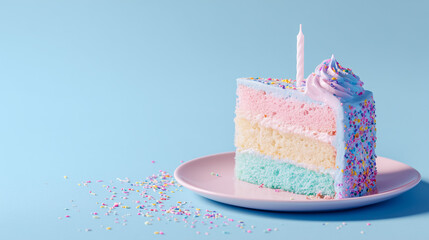 Slice of birthday cake with colorful sprinkles and a candle on a blue background.