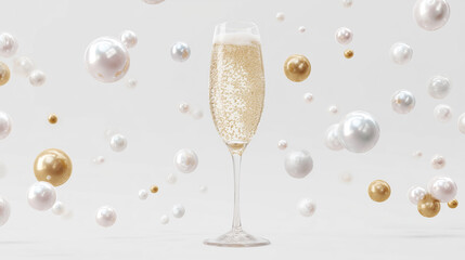 Elegant champagne glass with sparkling wine on a light neutral background in a minimalist studio style.