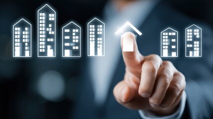 Businessman's finger touching a glowing house icon above a row of buildings