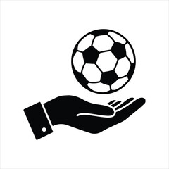 A black and white illustration of a hand holding a soccer ball