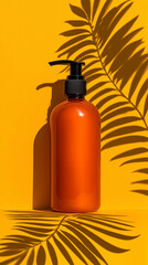 Minimal orange cosmetic bottle with a pump stands on a yellow background with soft palm leaf shadows.
