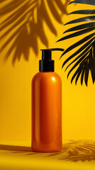 Minimal orange cosmetic bottle with a pump stands on a yellow background with soft palm leaf shadows.