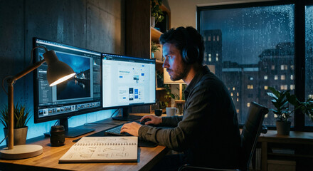 Focused male creative professional working late night on dual monitors in a moody home office, editing photos and designing UI while rain falls outside.