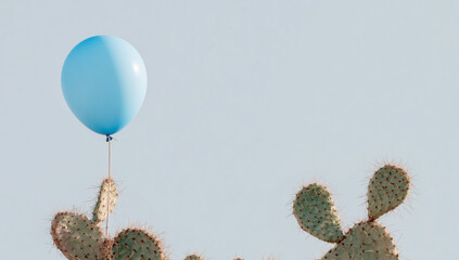 Minimal desert landscape with a cactus holding a blue balloon under a clear sky.