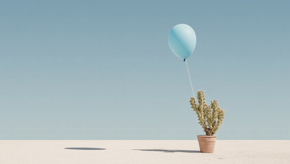 Minimal desert landscape with a cactus holding a blue balloon under a clear sky.