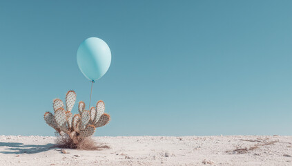 Minimal desert landscape with a cactus holding a blue balloon under a clear sky.