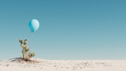 Minimal desert landscape with a cactus holding a blue balloon under a clear sky.